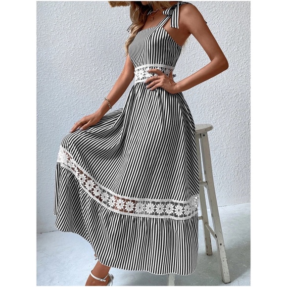 Boho Stripes Floral Lace Inserts Tie Maxi Dress - Picture 7 of 12